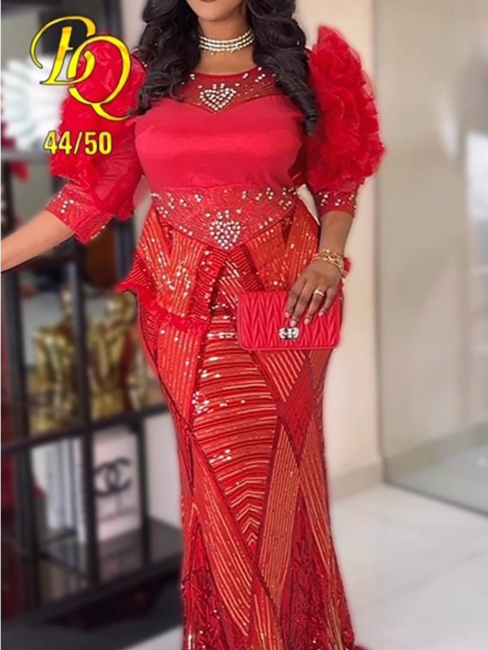 Trina Turk Red Beaded Peplum Pencil Gown